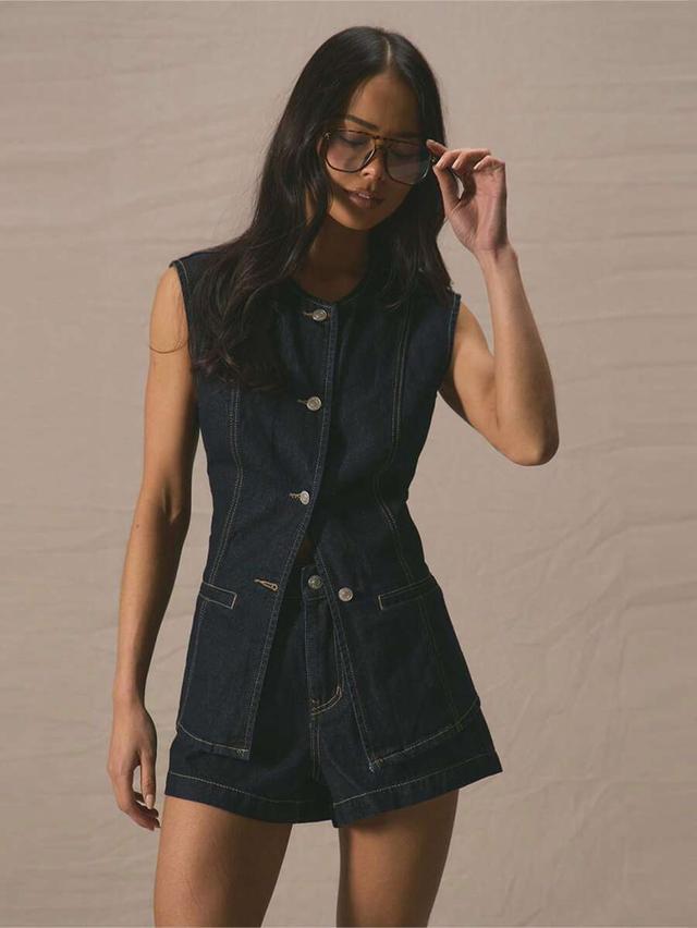 musera navy blue sleeveless fitted denim button down top