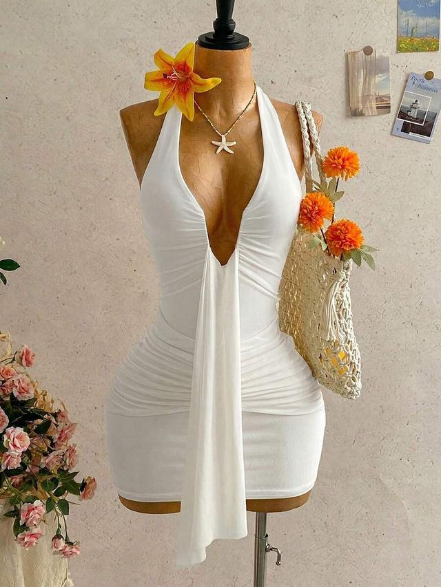 white halter neck ruched mini dress