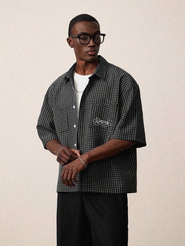 men's casual plaid short sleeve shirt with embroidery
