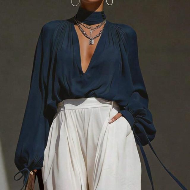 navy blue chiffon long sleeve deep v-neck blouse