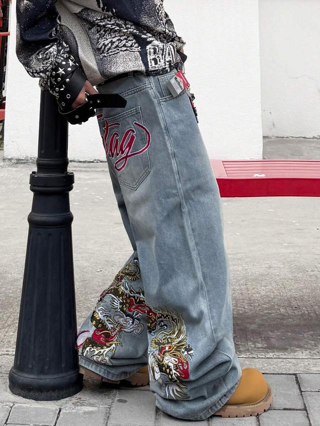 embroidered wide leg street fashion denim jeans