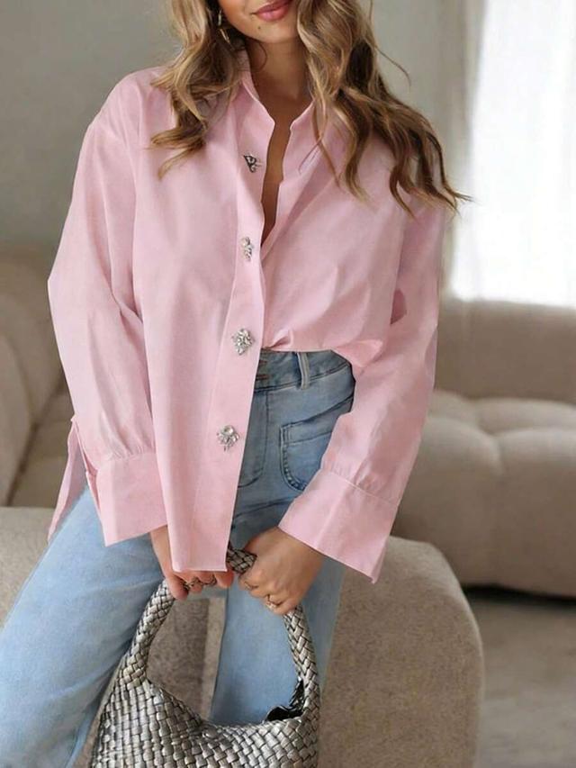 elegant long solid pink polyester loose fit button shirt