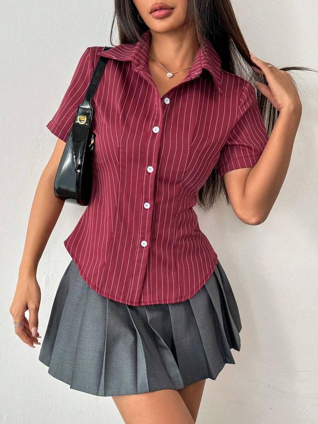 burgundy striped short sleeve buttoned blouse