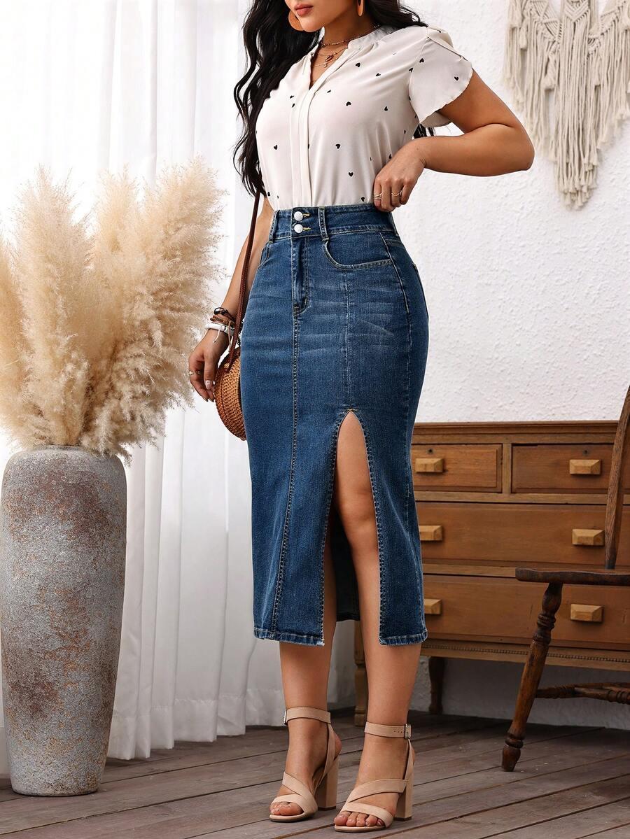 solid color high slit fitted denim midi skirt