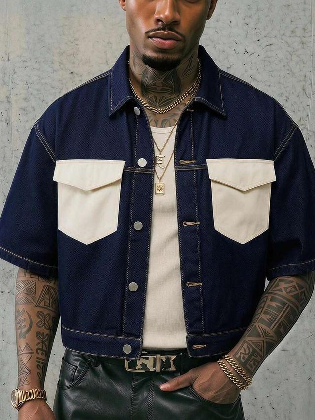 axepeak contrast pocket short sleeve denim shirt