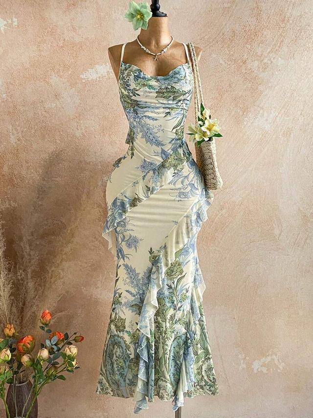 floral print cowl neck midi dress with ruffles