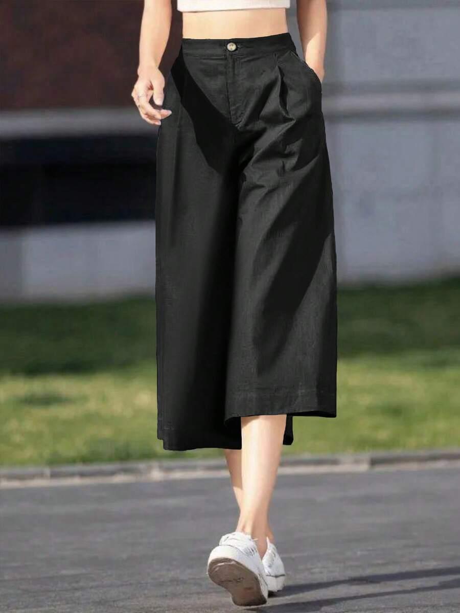 women's black casual wide leg cropped trousers