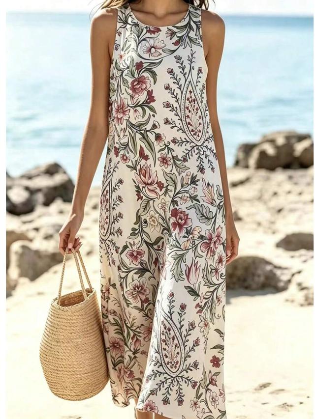 women's bohemian ditsy floral sleeveless round neck maxi dress