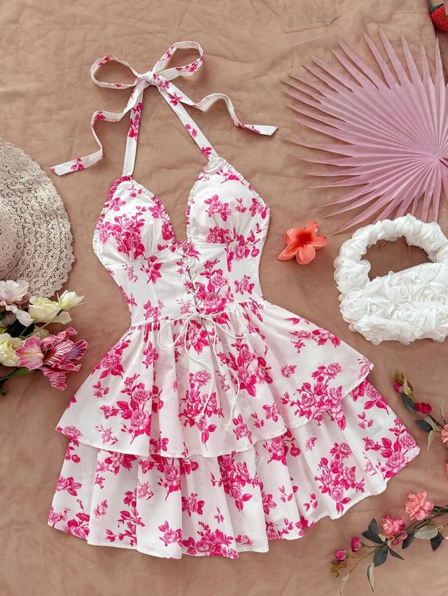 floral print halter neck tiered mini dress