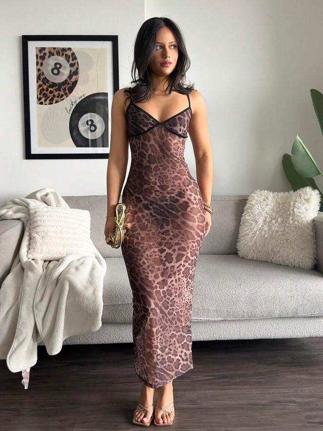 leopard print sheer mesh midi slip dress