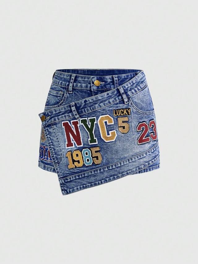 acid wash denim mini skirt with varsity patches