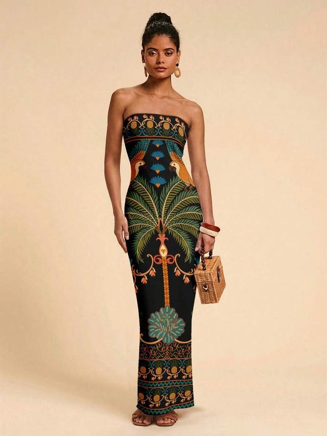 travachic casual minimalist floral print strapless maxi dress