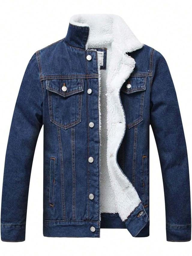 fleece lined denim cargo jacket with stand-up collar