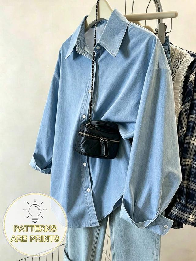 light blue resyla women's denim-look print loose long sleeve shirt