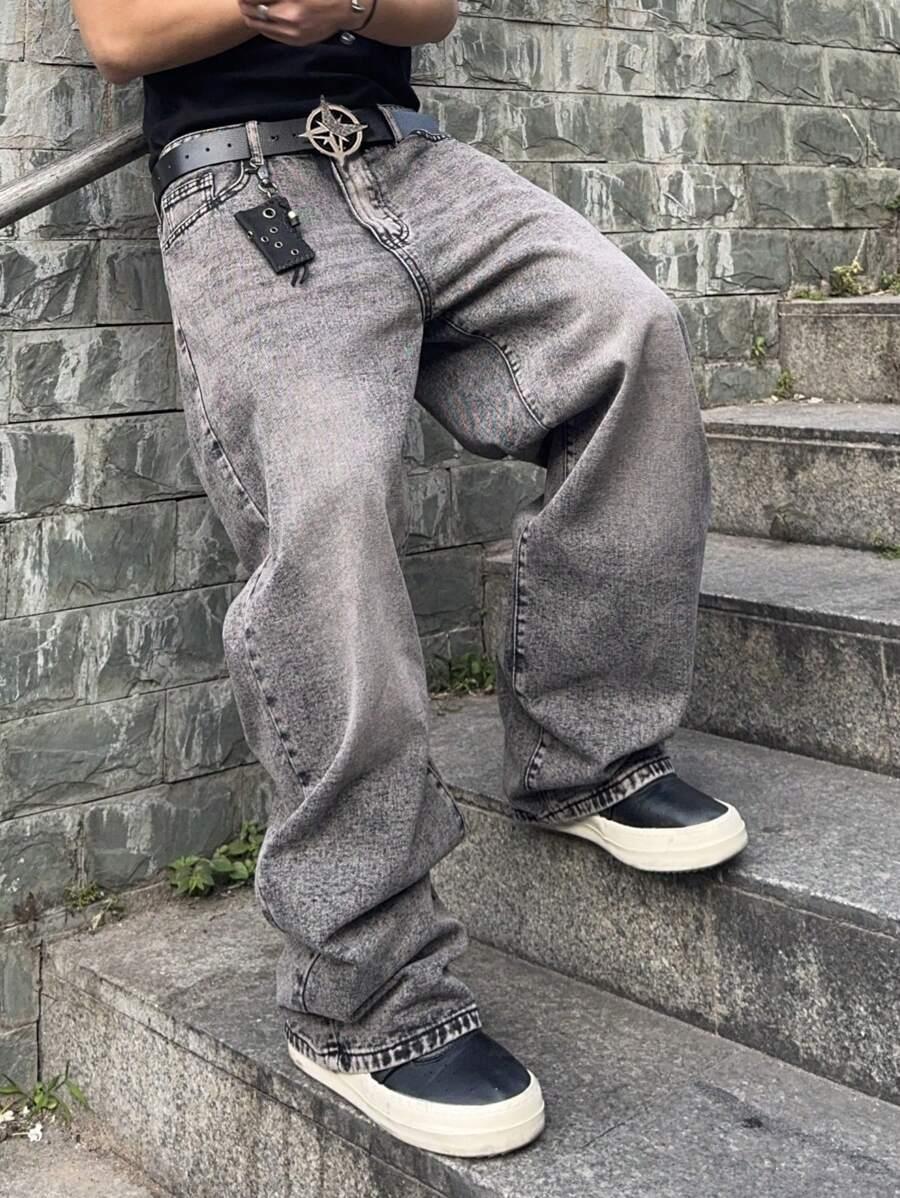 men's loose casual acid wash grey jeans