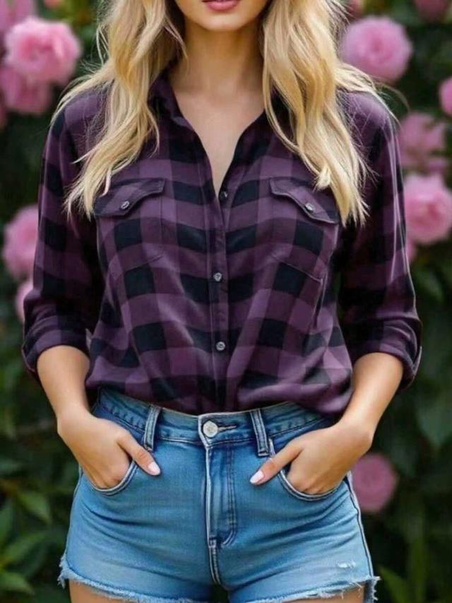 women's casual purple and black plaid long sleeve blouse