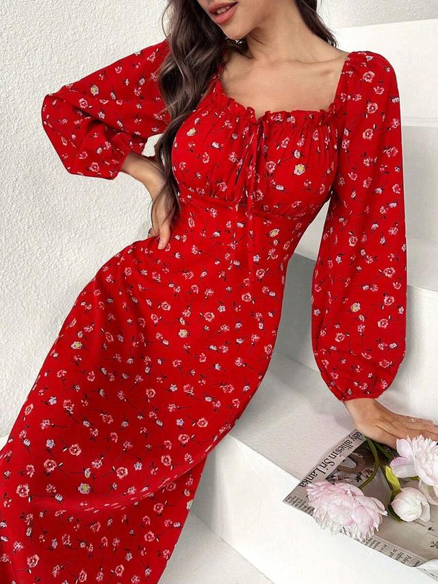 red floral print cottage core lantern sleeve mini dress