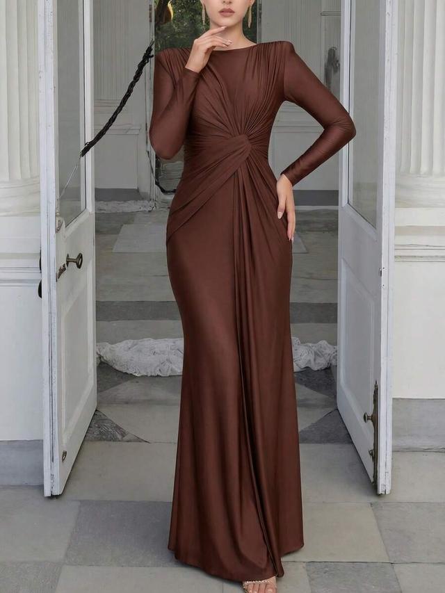 long sleeve ruched brown maxi dress