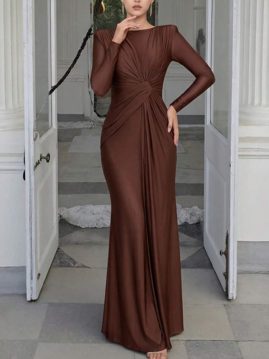 long sleeve ruched brown maxi dress