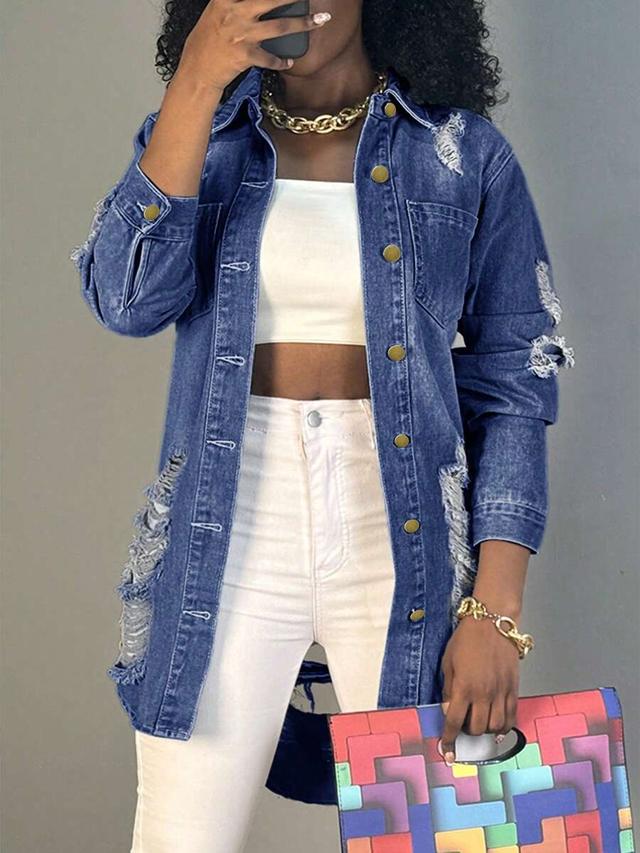 women's distressed denim button-up shirt jacket