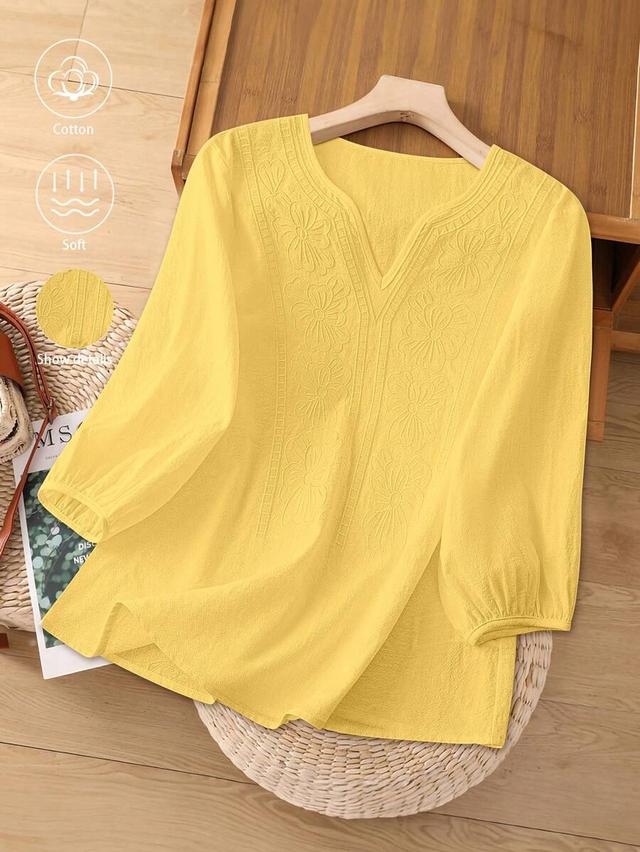 yellow v-neck embroidered cotton short sleeve blouse