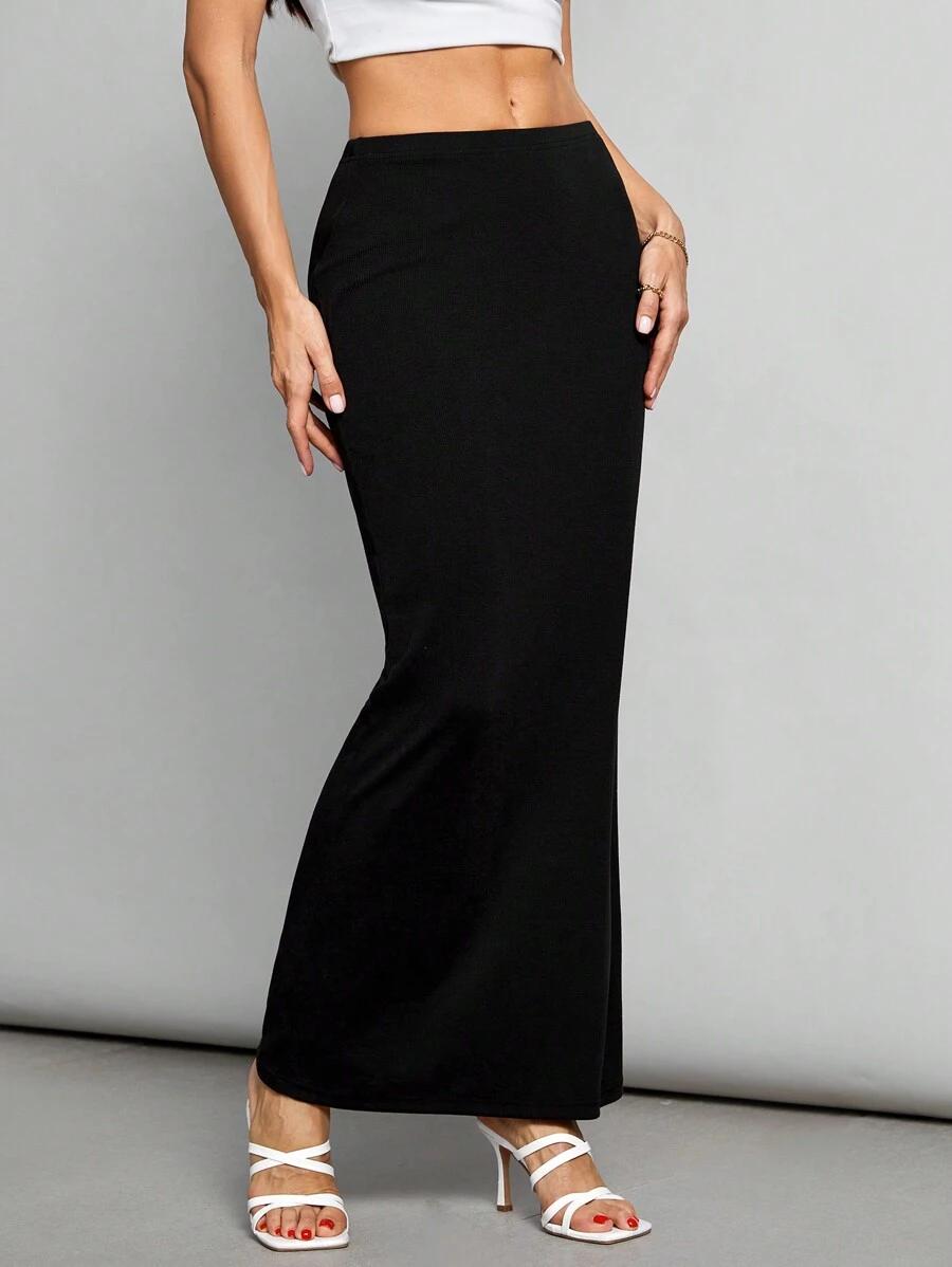 solid black high waist casual knitted maxi skirt