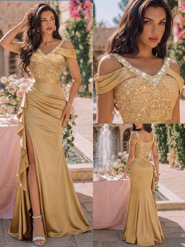 gold satin evening gown with lace bodice and ruffles