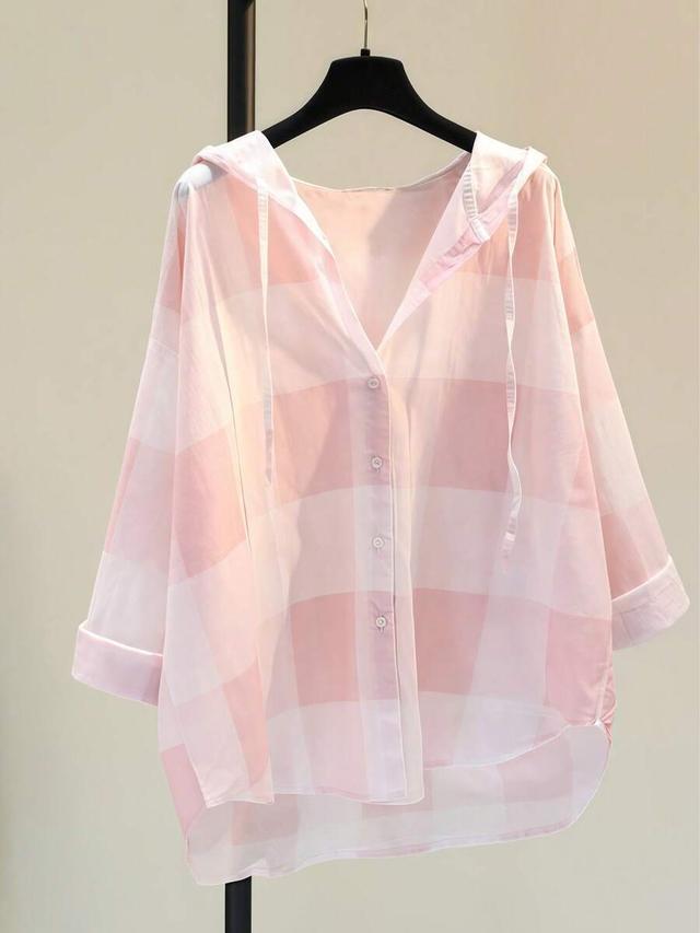 women's casual pink plaid hooded long sleeve shirt
