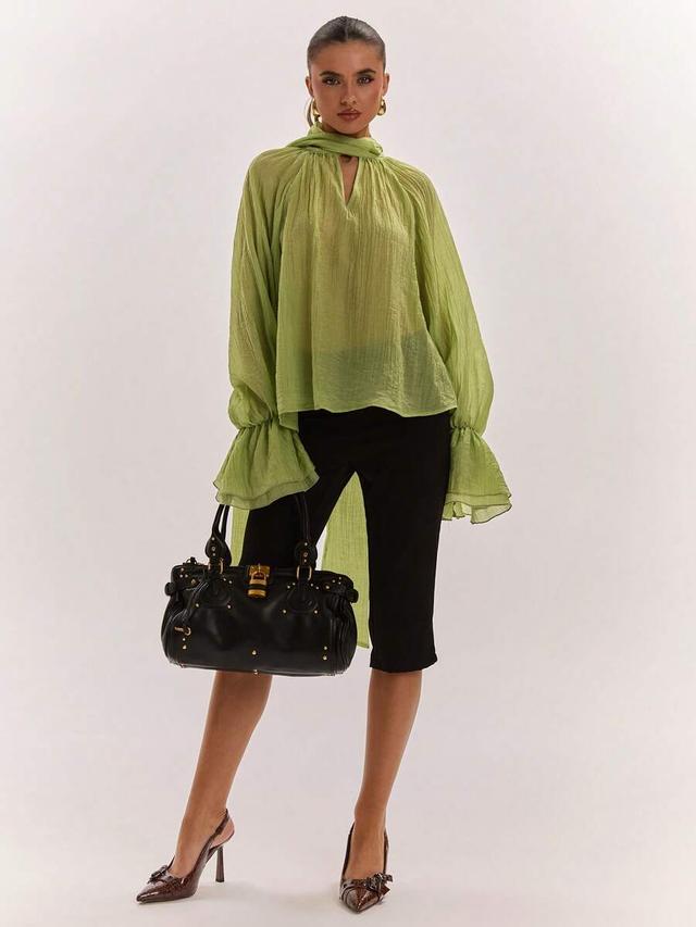 green semi-sheer wrap collar ruffle sleeve blouse