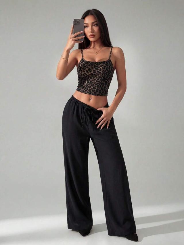 black solid color linen low-waist straight-leg casual pants