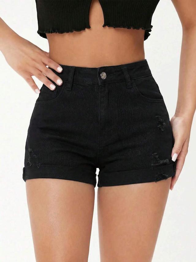 black distressed denim cuffed shorts