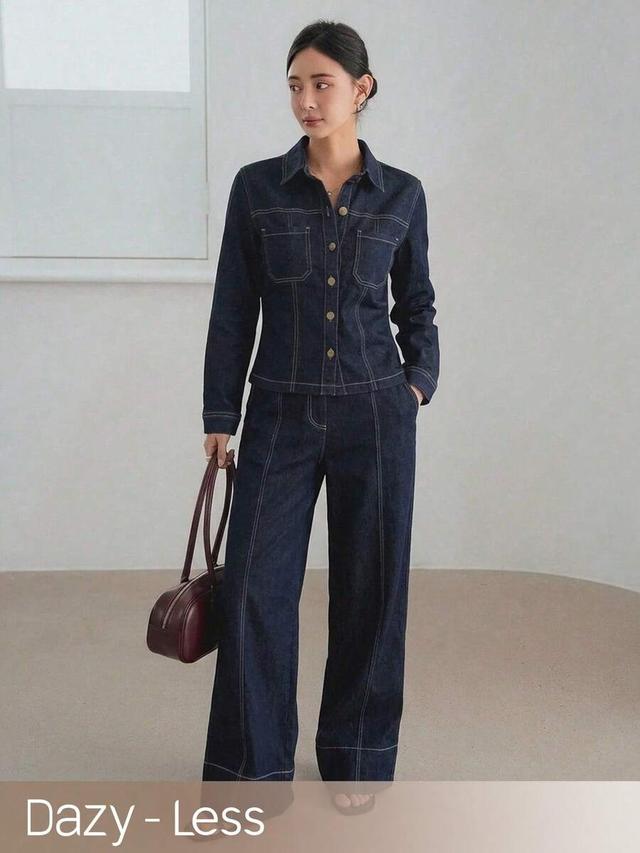 dark wash denim button-up top and wide leg pants