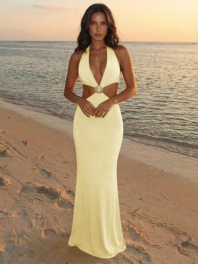 pale yellow halter neck cut-out maxi dress