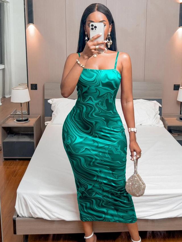 green marble print cami bodycon maxi dress