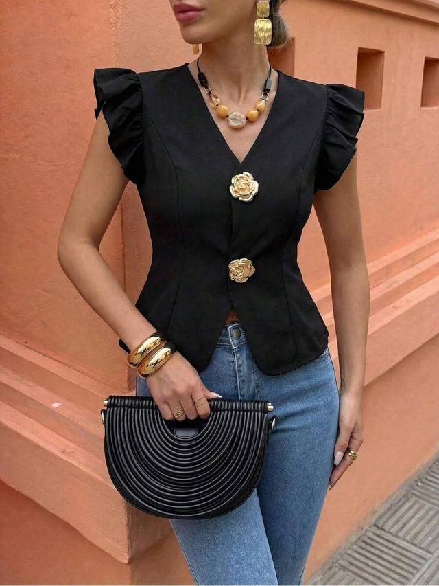 isola flora womens elegant solid black flutter sleeve blouse