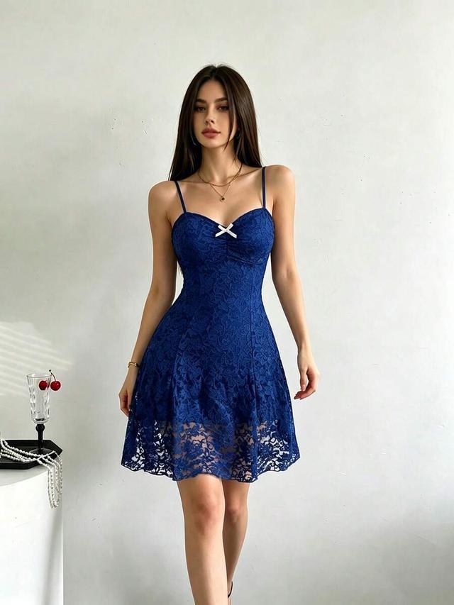blue lace spaghetti strap mini dress