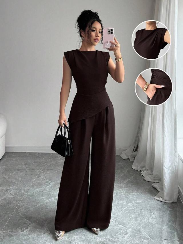 dark brown sleeveless round neck pleated jumpsuit