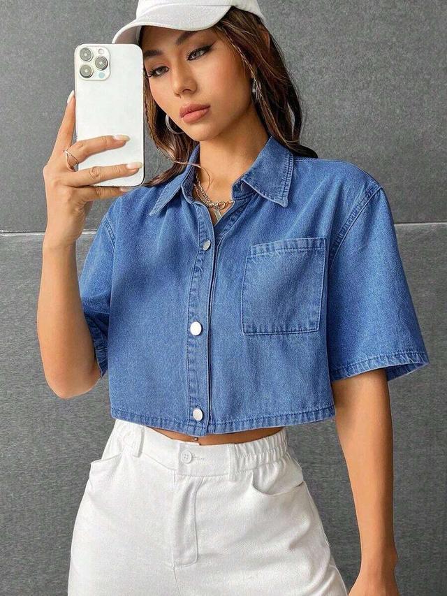 blue denim patched pocket drop shoulder denim shirt