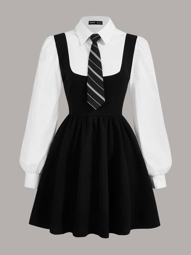 black and white puff sleeve 2-in-1 schoolgirl dress