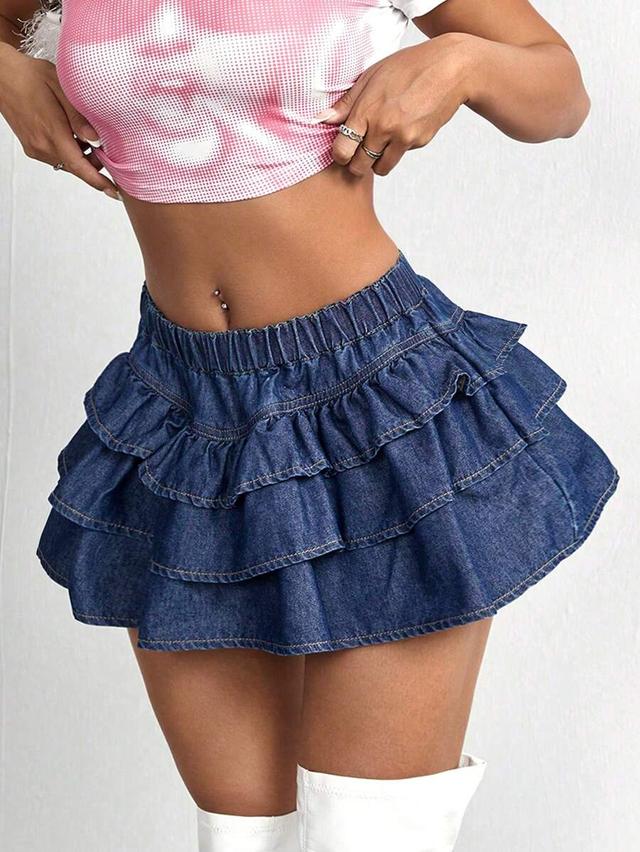 ruffled denim mini skirt with elastic waistband