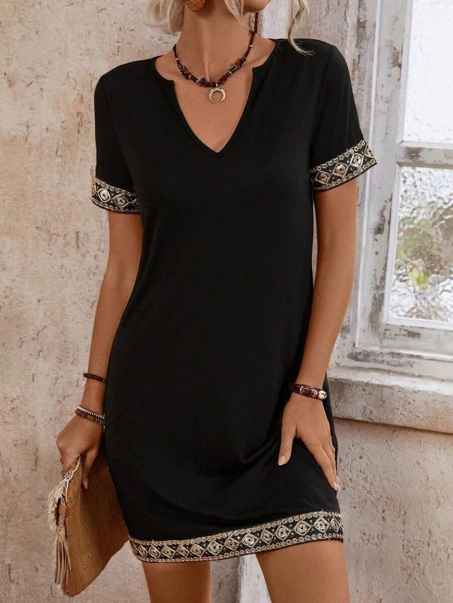 black glitter geometric jacquard ribbon splicing notched collar dress
