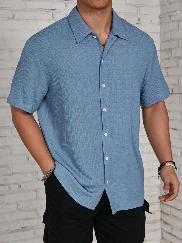 blue textured knit short sleeve casual shirt