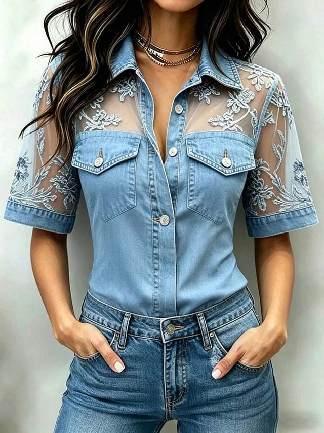 light wash denim shirt with floral mesh yoke