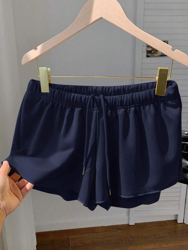 navy blue elastic waist drawstring casual summer shorts