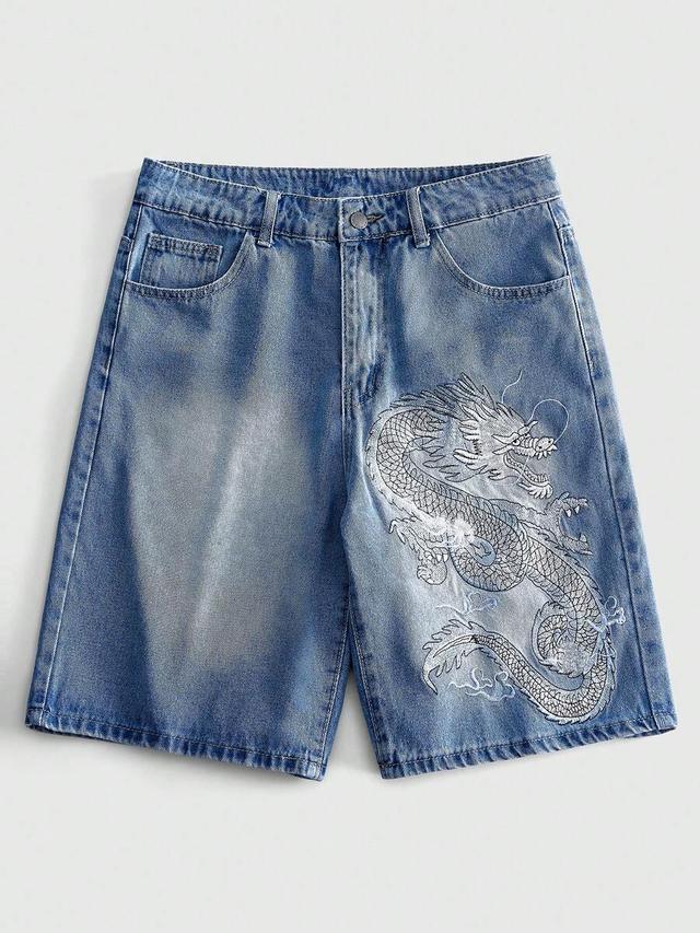 casual denim shorts with dragon embroidery