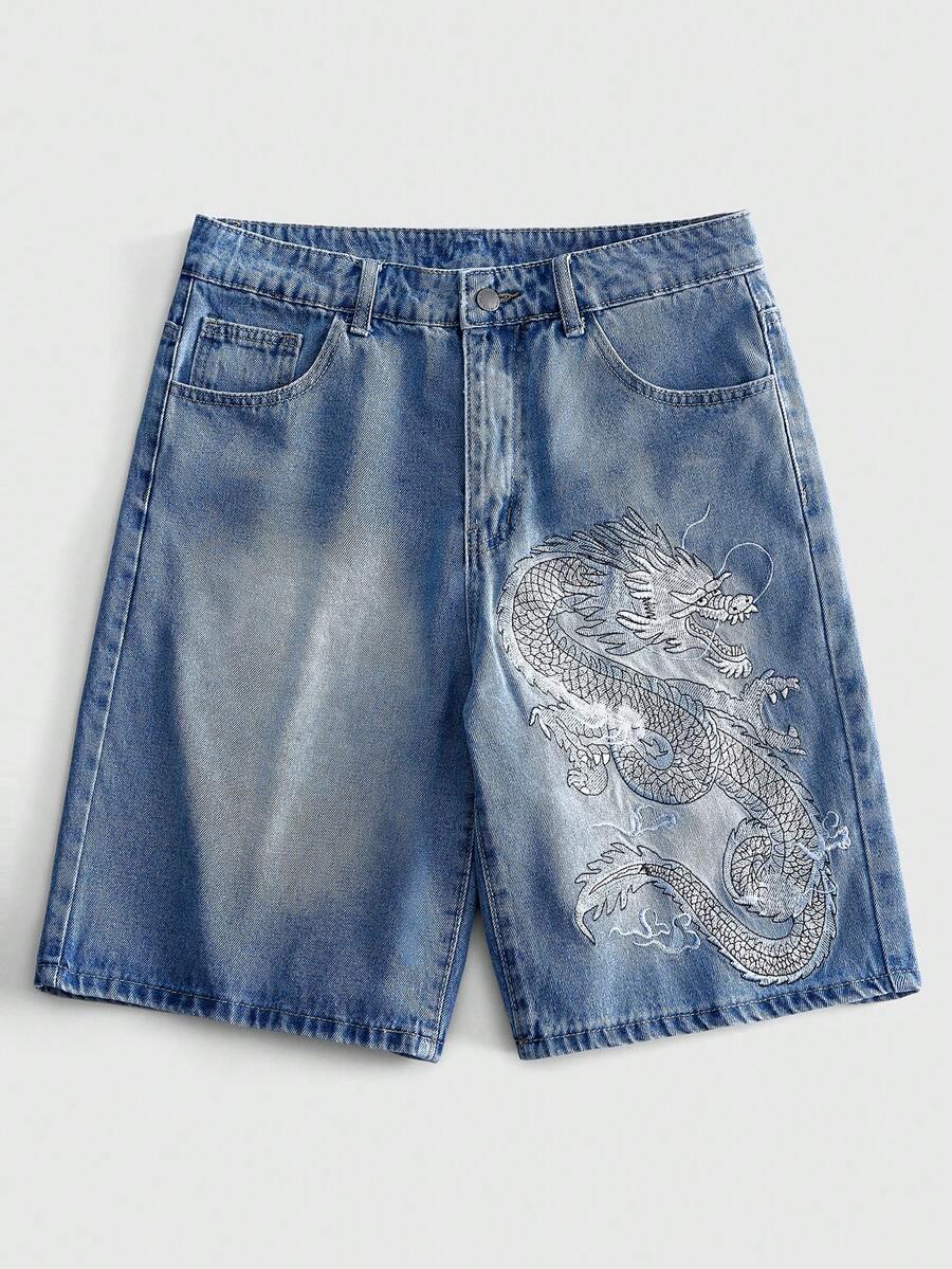 casual denim shorts with dragon embroidery