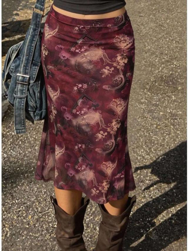 burgundy floral printed mesh bodycon midi skirt