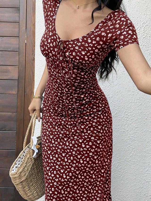 floral print twist front short sleeve bodycon dress