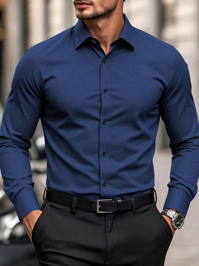 navy blue micro-patterned long sleeve button-up shirt