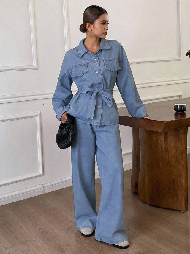 loose casual distressed wash waist cinched denim set